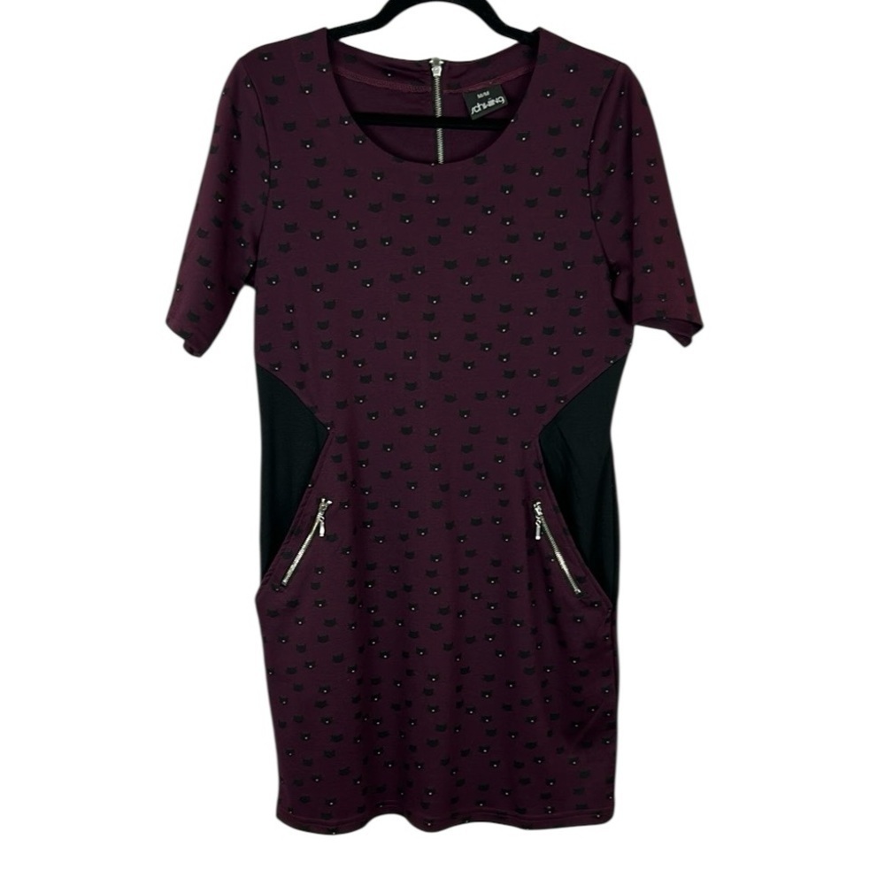 Schwiing Novelty Cat Printed Short Sleeve Pocket Jersey Knit Dress Medium Purple